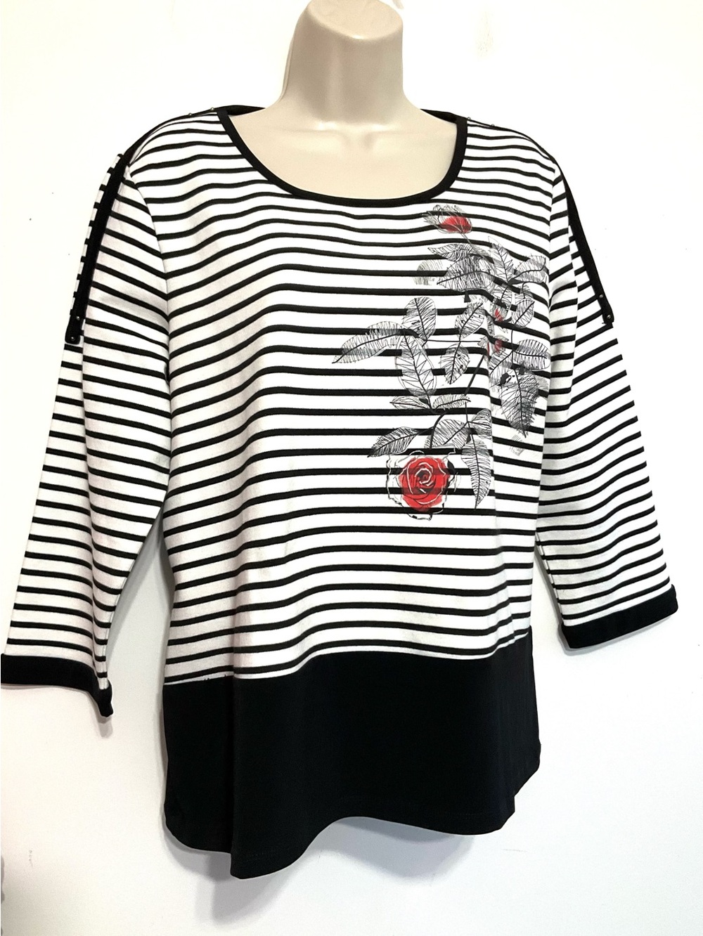 Striped Black & White Floral Accent Women's tunic Top Tango Mango